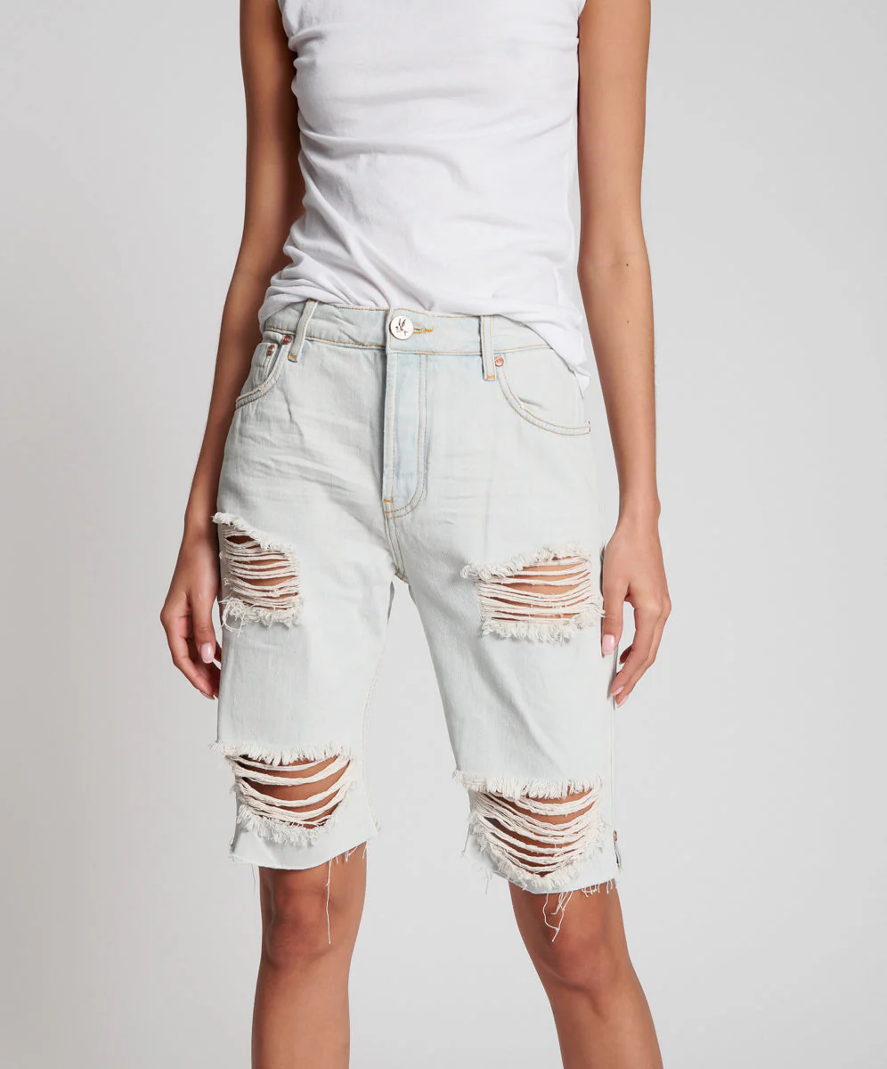 Long Truckers Mid Waist Long-Length Relaxed Denim Jorts - Brando Blue - Image 2