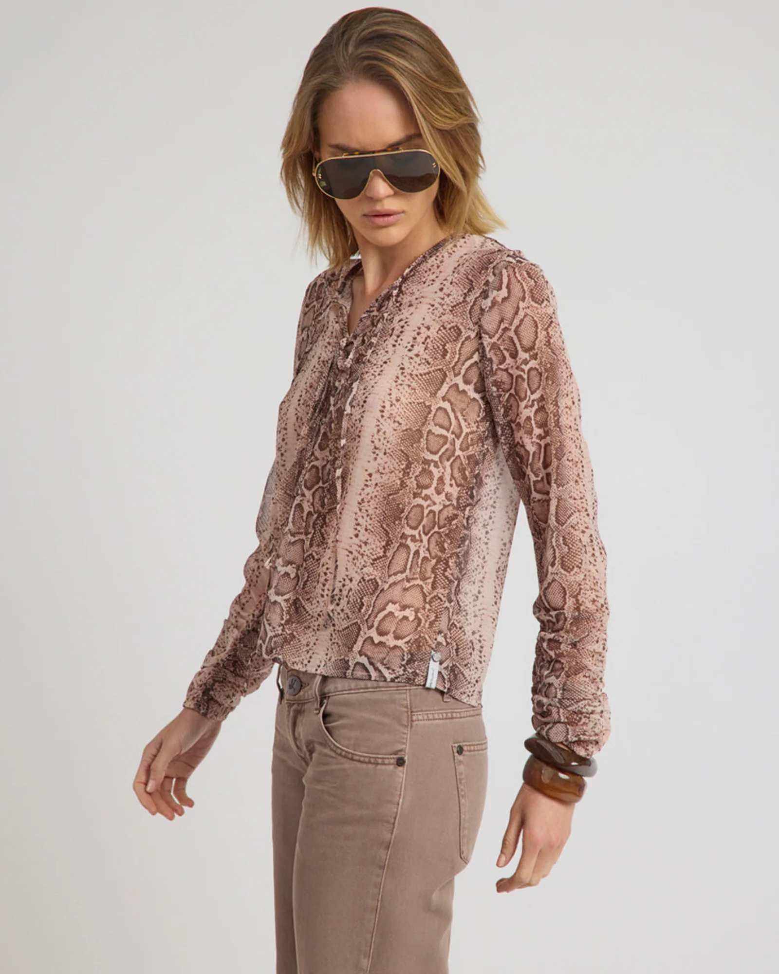 Brandy Sheer Chiffon Keyhole Long Sleeve Top - Cognac Snake - Image 5