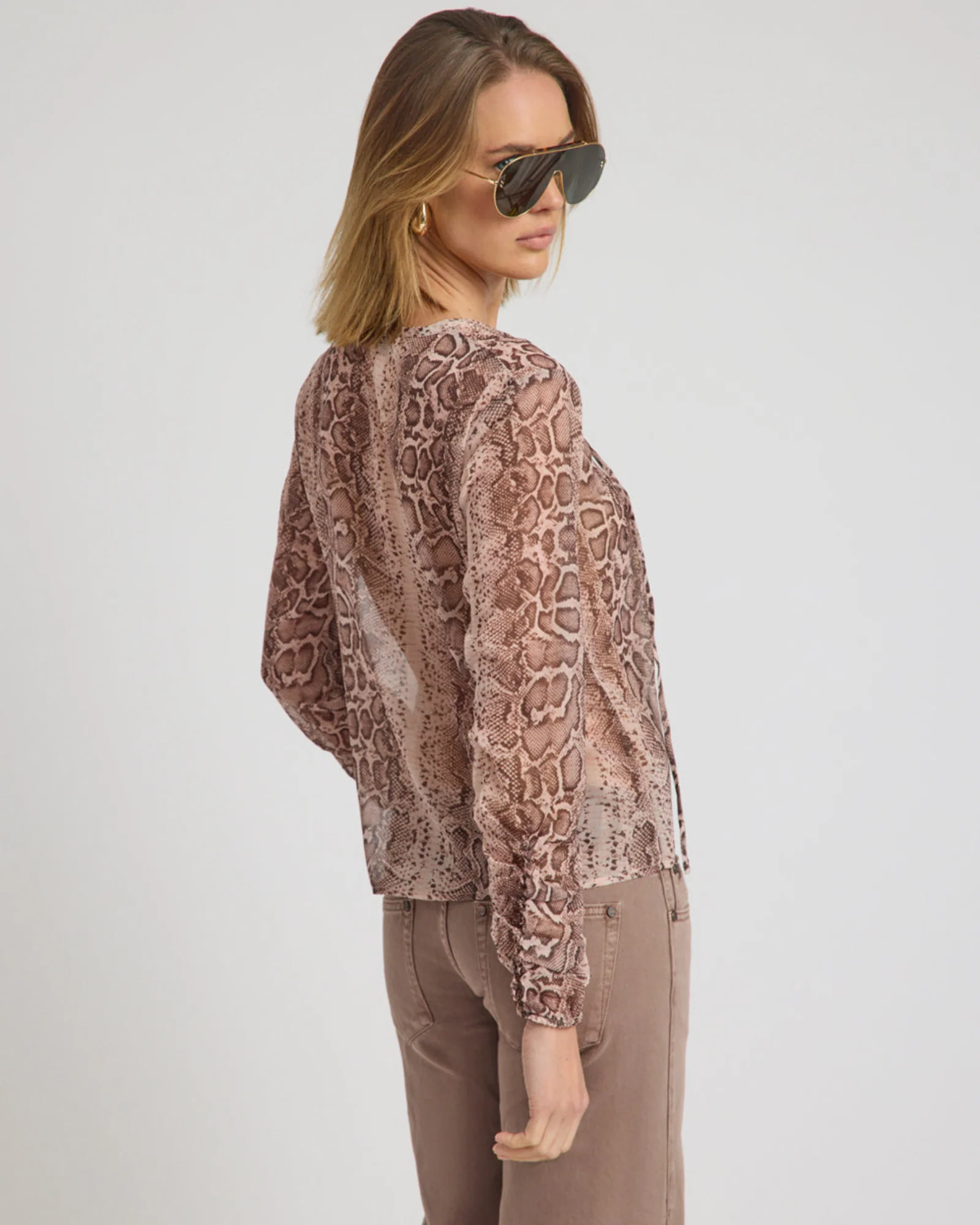 Brandy Sheer Chiffon Keyhole Long Sleeve Top - Cognac Snake - Image 8