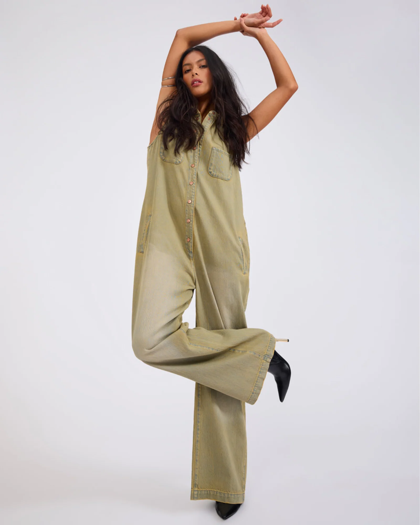 Braxton Wide Leg Long Length Denim Jumpsuit - Warm Khaki - Image 11