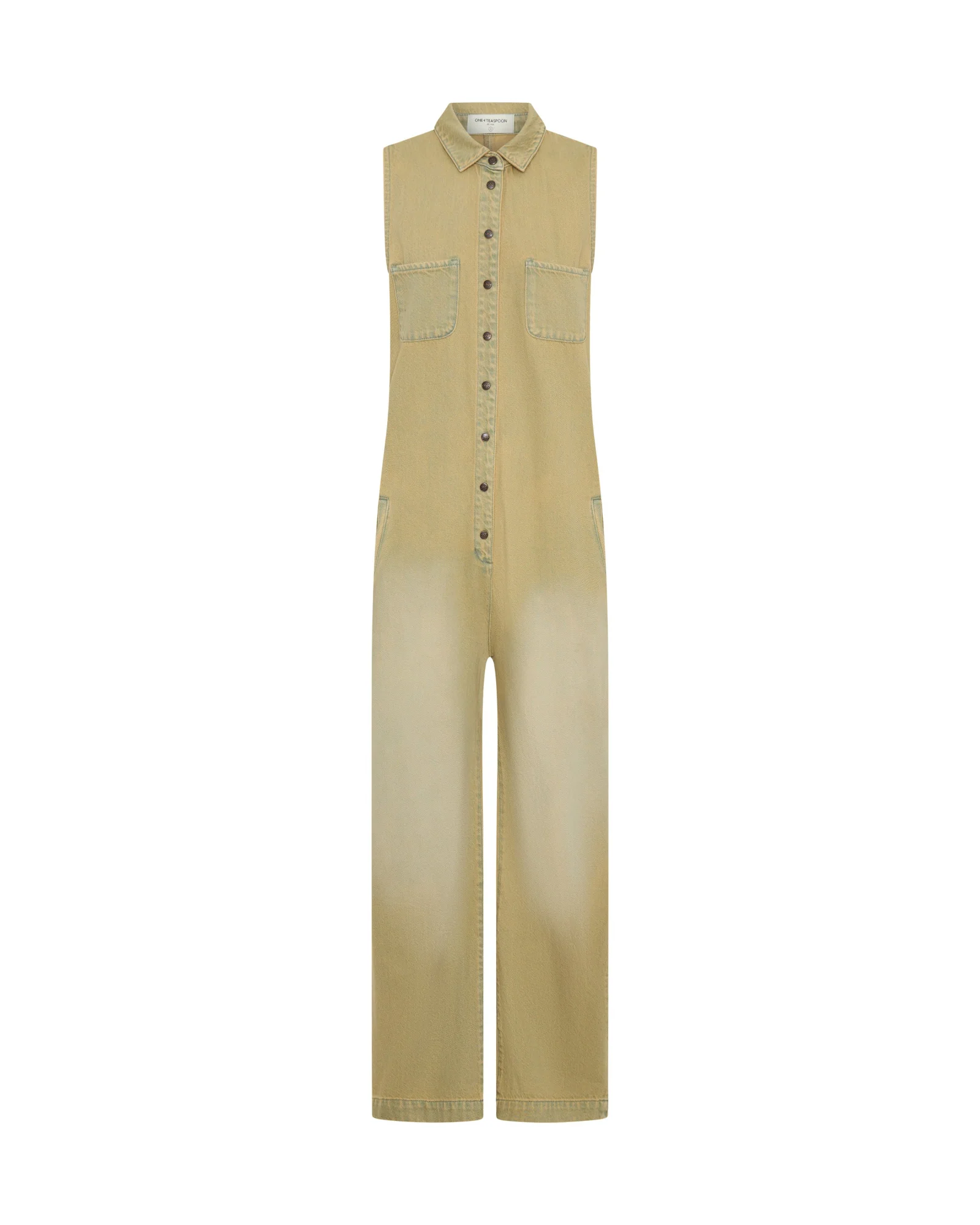 Braxton Wide Leg Long Length Denim Jumpsuit - Warm Khaki - Image 12