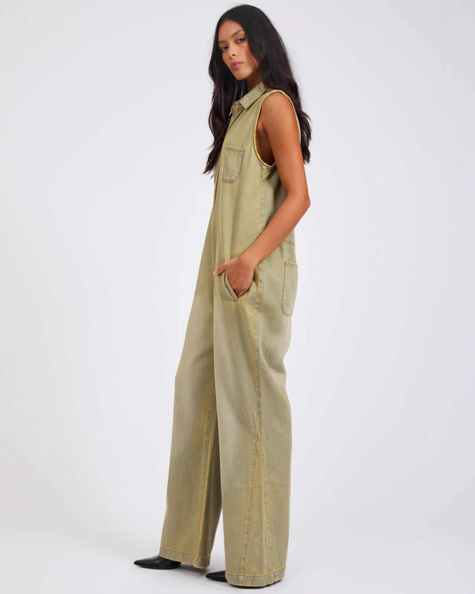 Braxton Wide Leg Long Length Denim Jumpsuit - Warm Khaki - Image 4