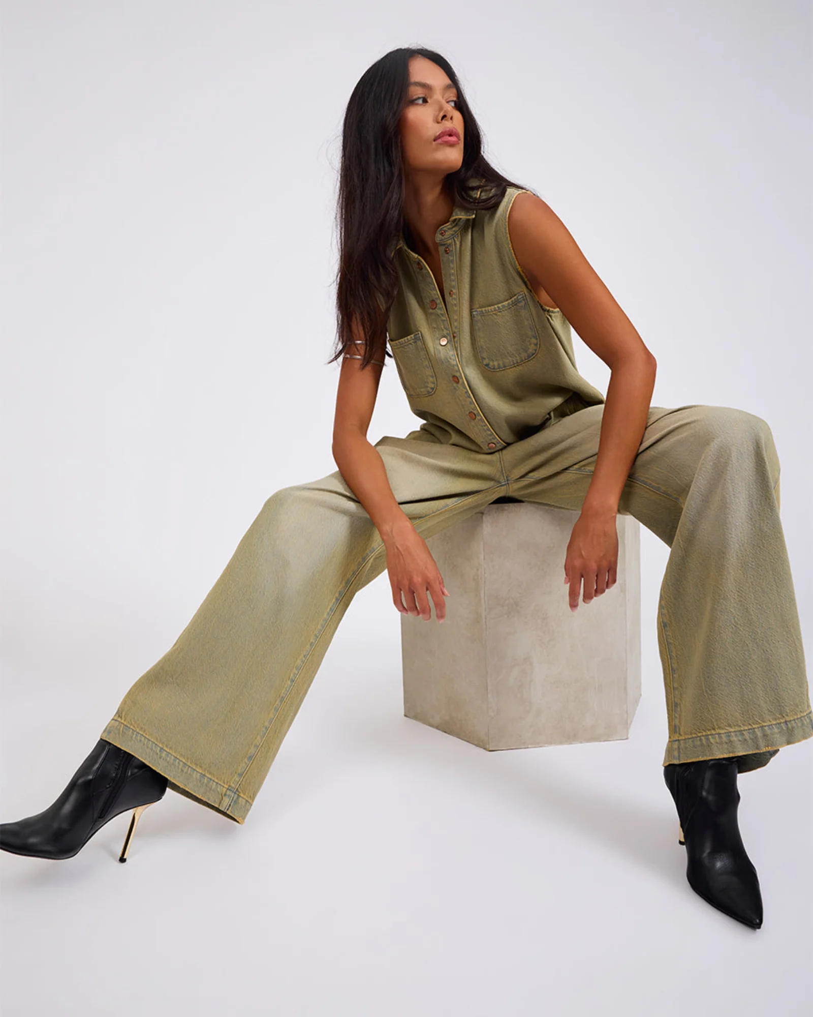 Braxton Wide Leg Long Length Denim Jumpsuit - Warm Khaki - Image 9