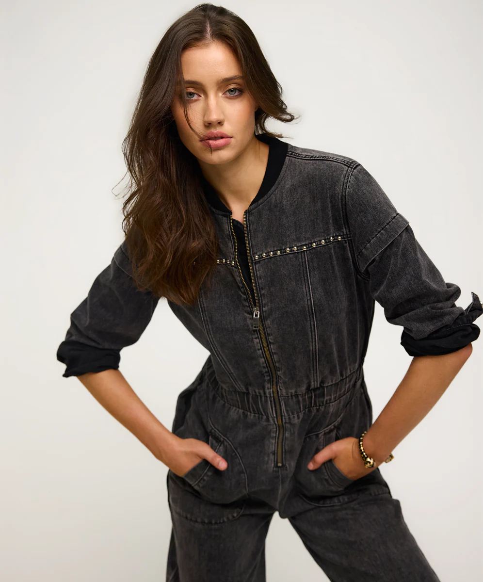 Callie Aviator Longsleeve Studded Denim Jumpsuit - Washed Black - Image 12