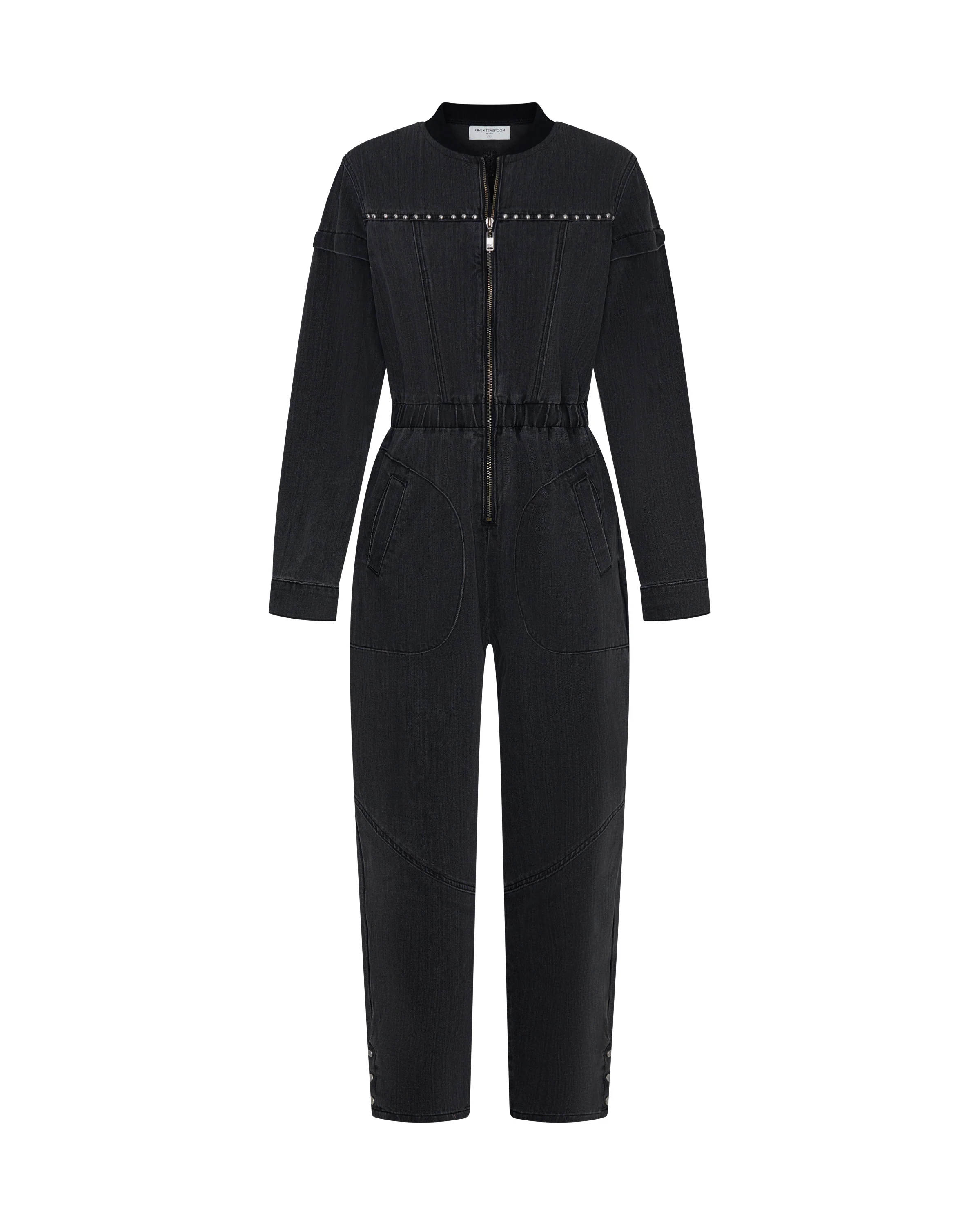 Callie Aviator Longsleeve Studded Denim Jumpsuit - Washed Black - Image 15