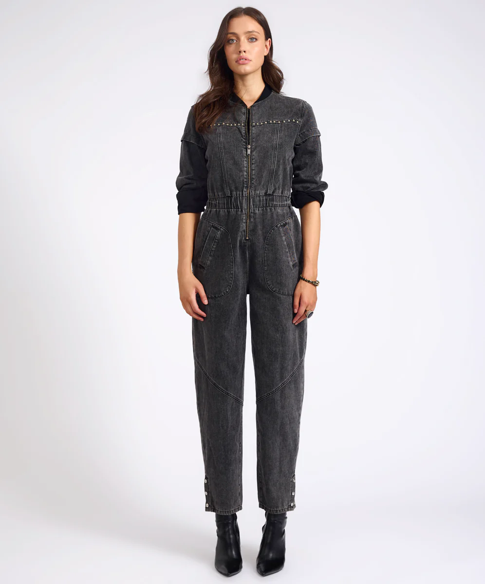 Callie Aviator Longsleeve Studded Denim Jumpsuit - Washed Black - Image 3