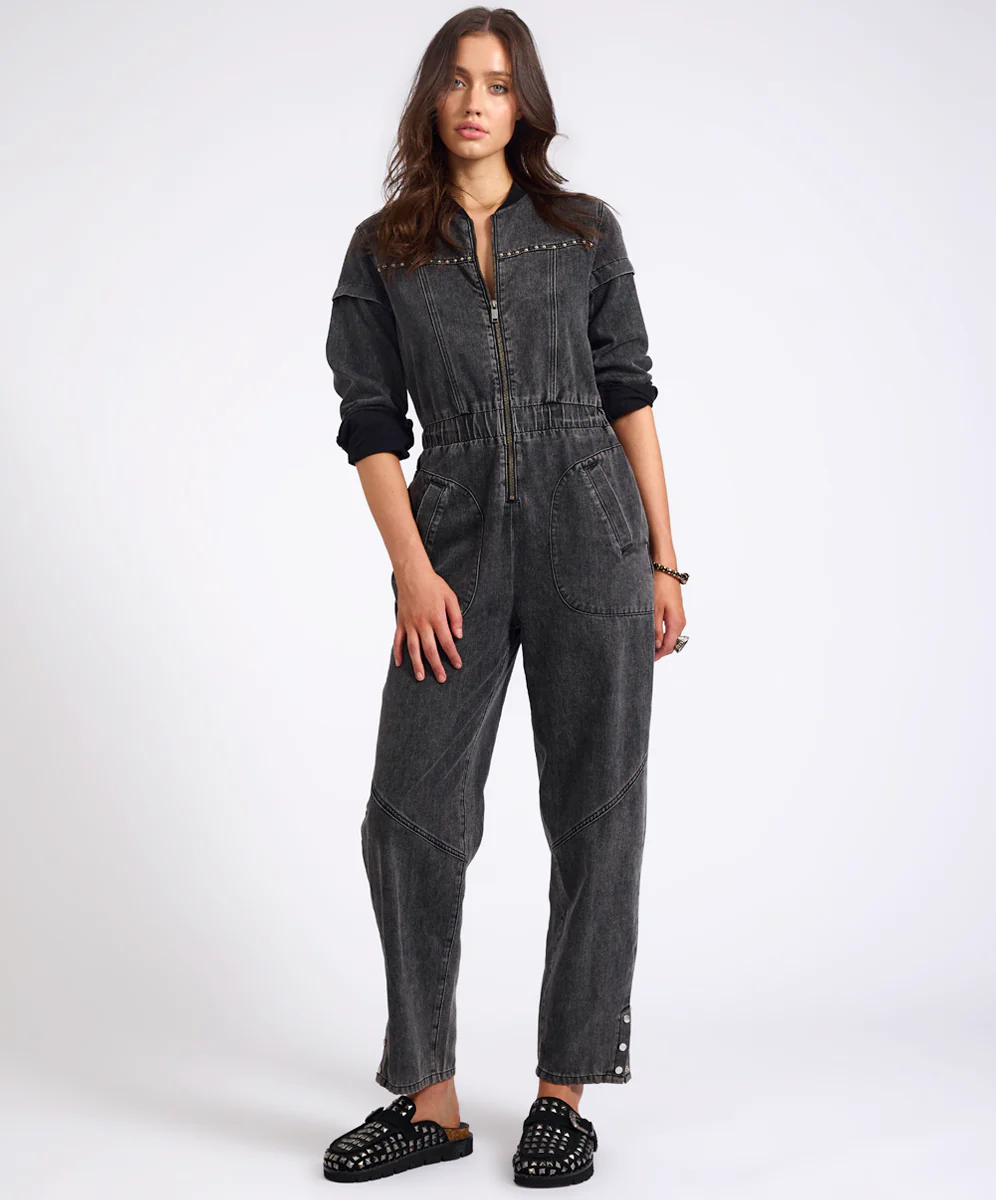 Callie Aviator Longsleeve Studded Denim Jumpsuit - Washed Black - Image 4