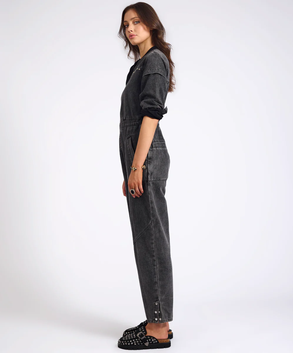 Callie Aviator Longsleeve Studded Denim Jumpsuit - Washed Black - Image 5