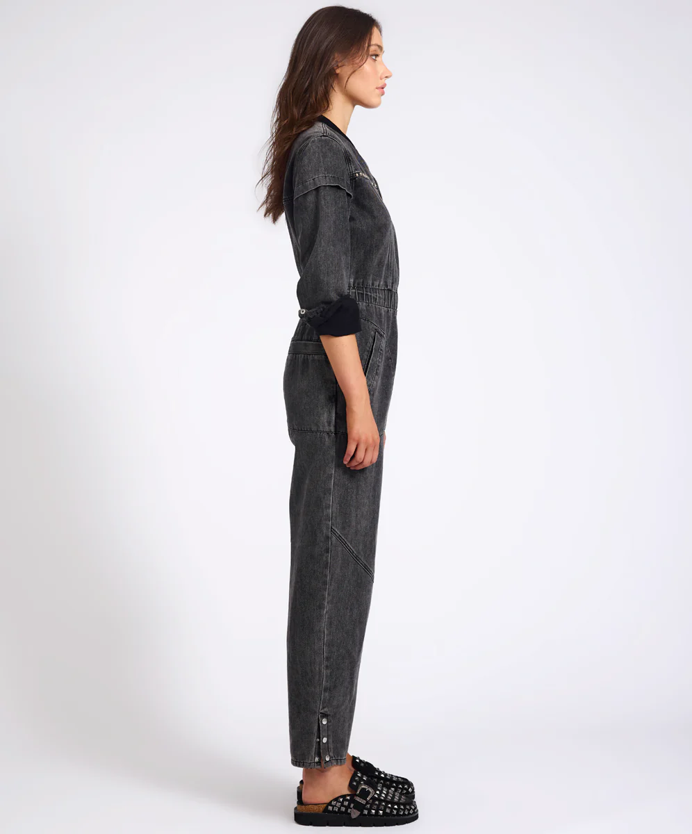 Callie Aviator Longsleeve Studded Denim Jumpsuit - Washed Black - Image 7