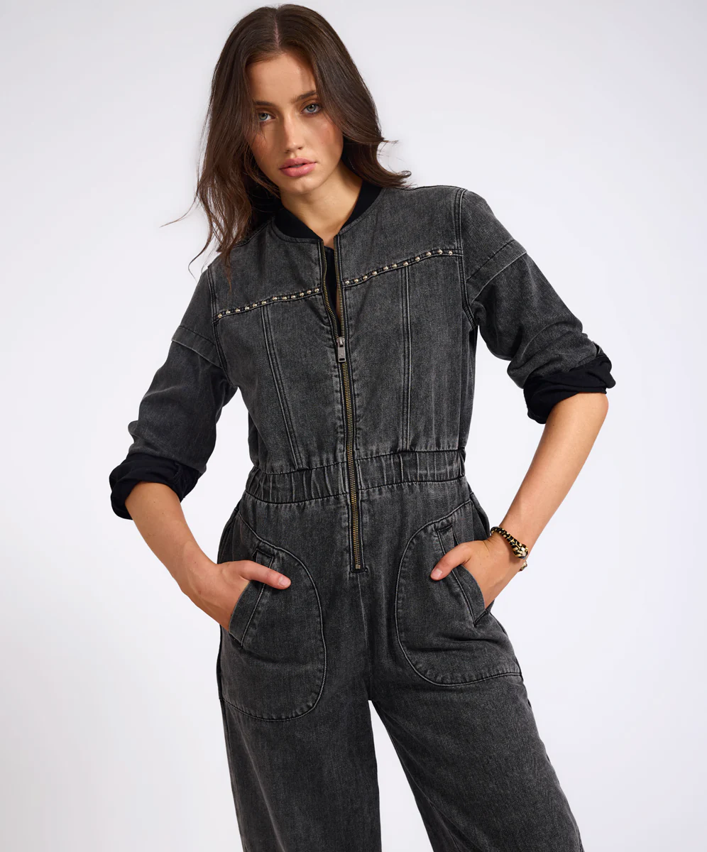 Callie Aviator Longsleeve Studded Denim Jumpsuit - Washed Black - Image 8