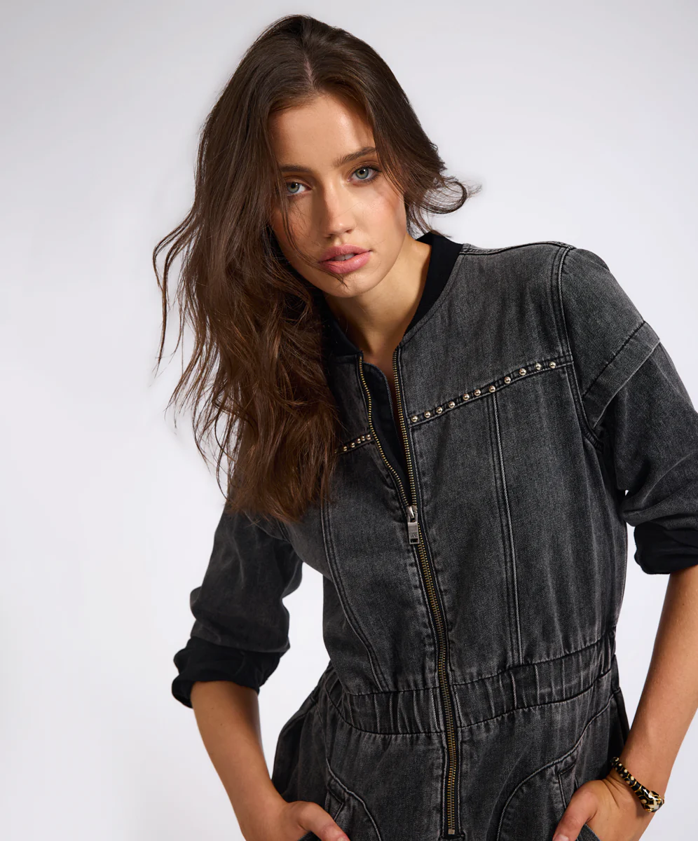 Callie Aviator Longsleeve Studded Denim Jumpsuit - Washed Black - Image 9