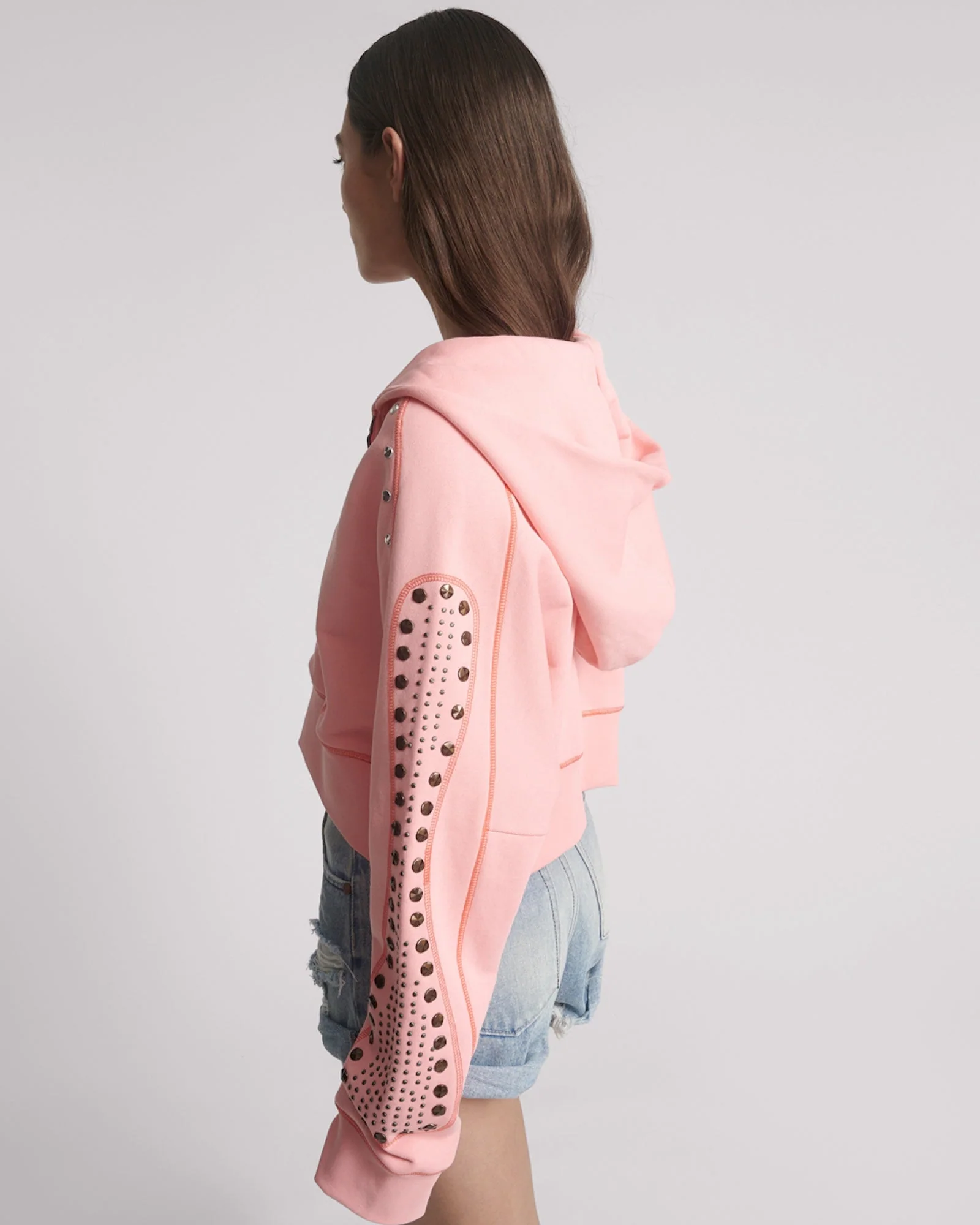 Studded Cropped Sweater Hoody - Candy Coral Pink - Image 2