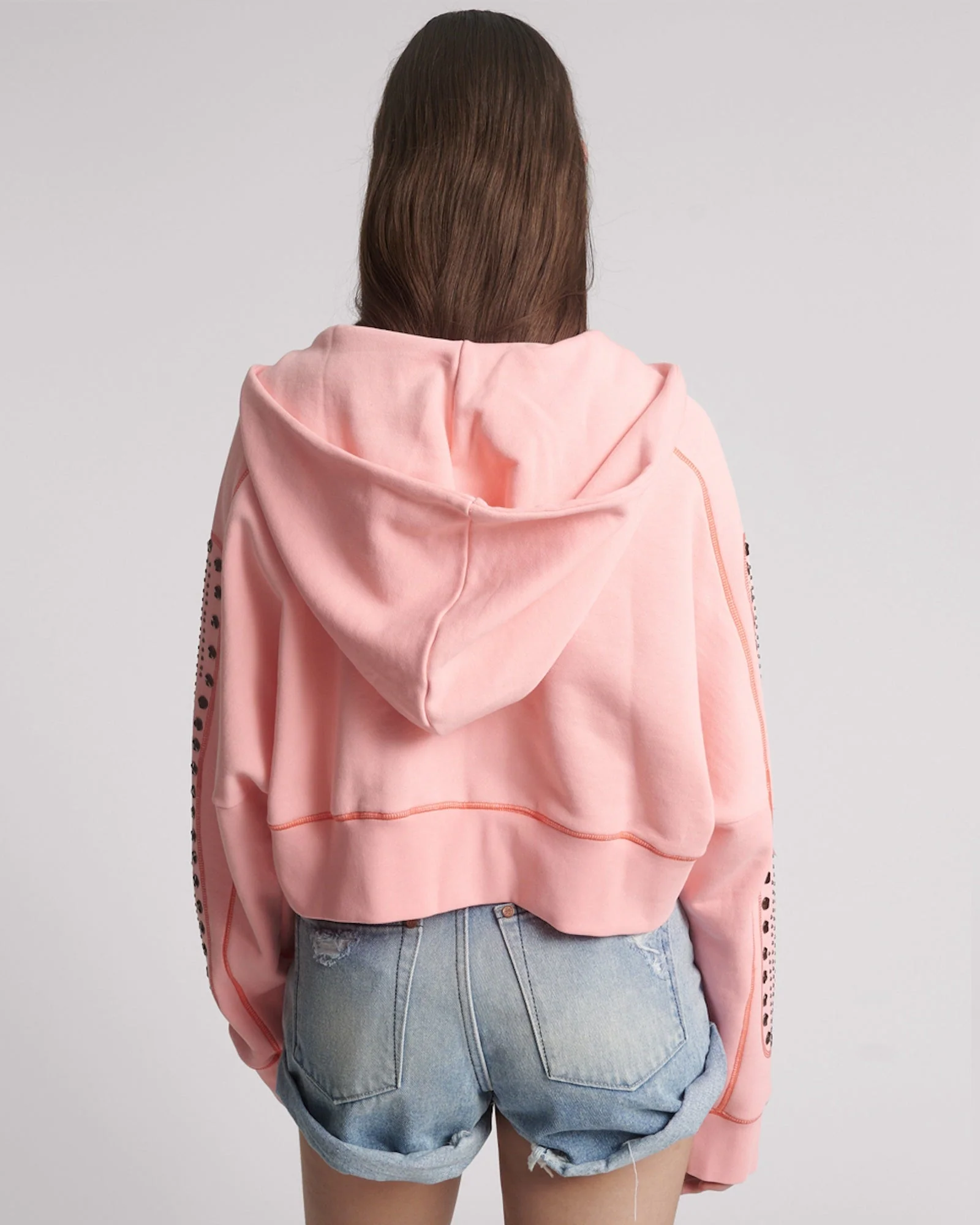 Studded Cropped Sweater Hoody - Candy Coral Pink - Image 3