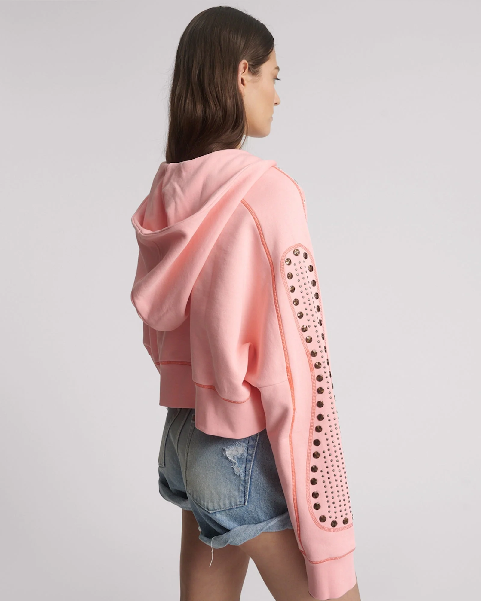 Studded Cropped Sweater Hoody - Candy Coral Pink - Image 4