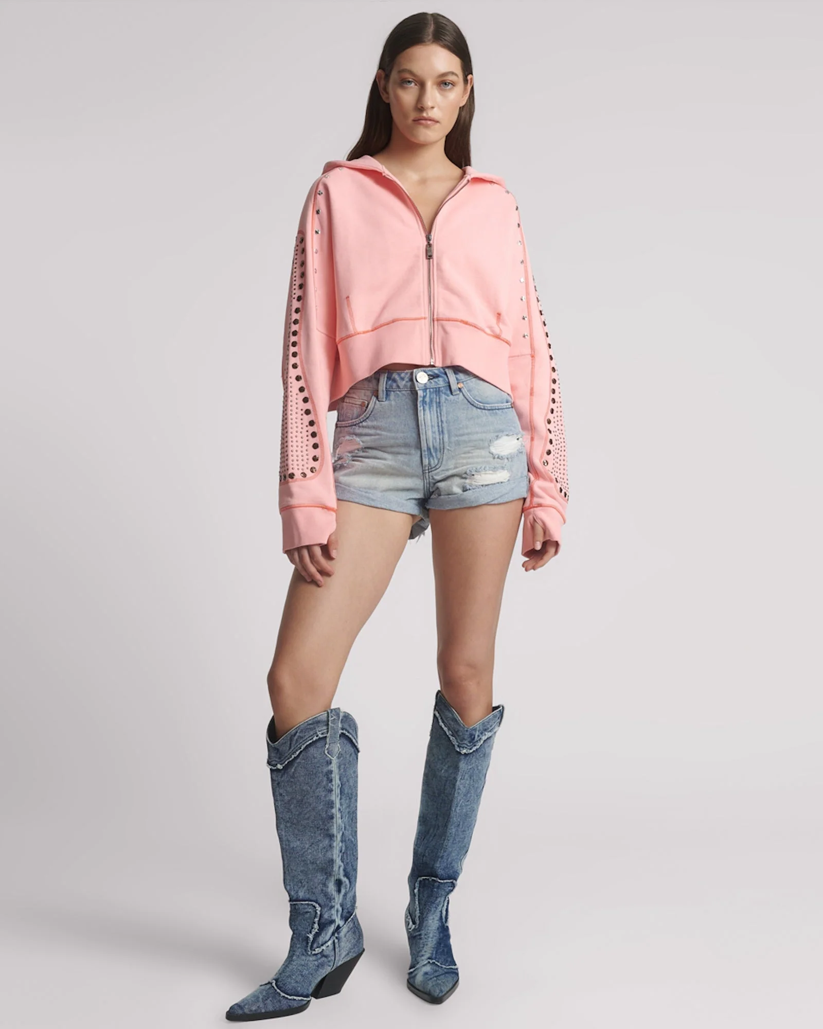 Studded Cropped Sweater Hoody - Candy Coral Pink - Image 7