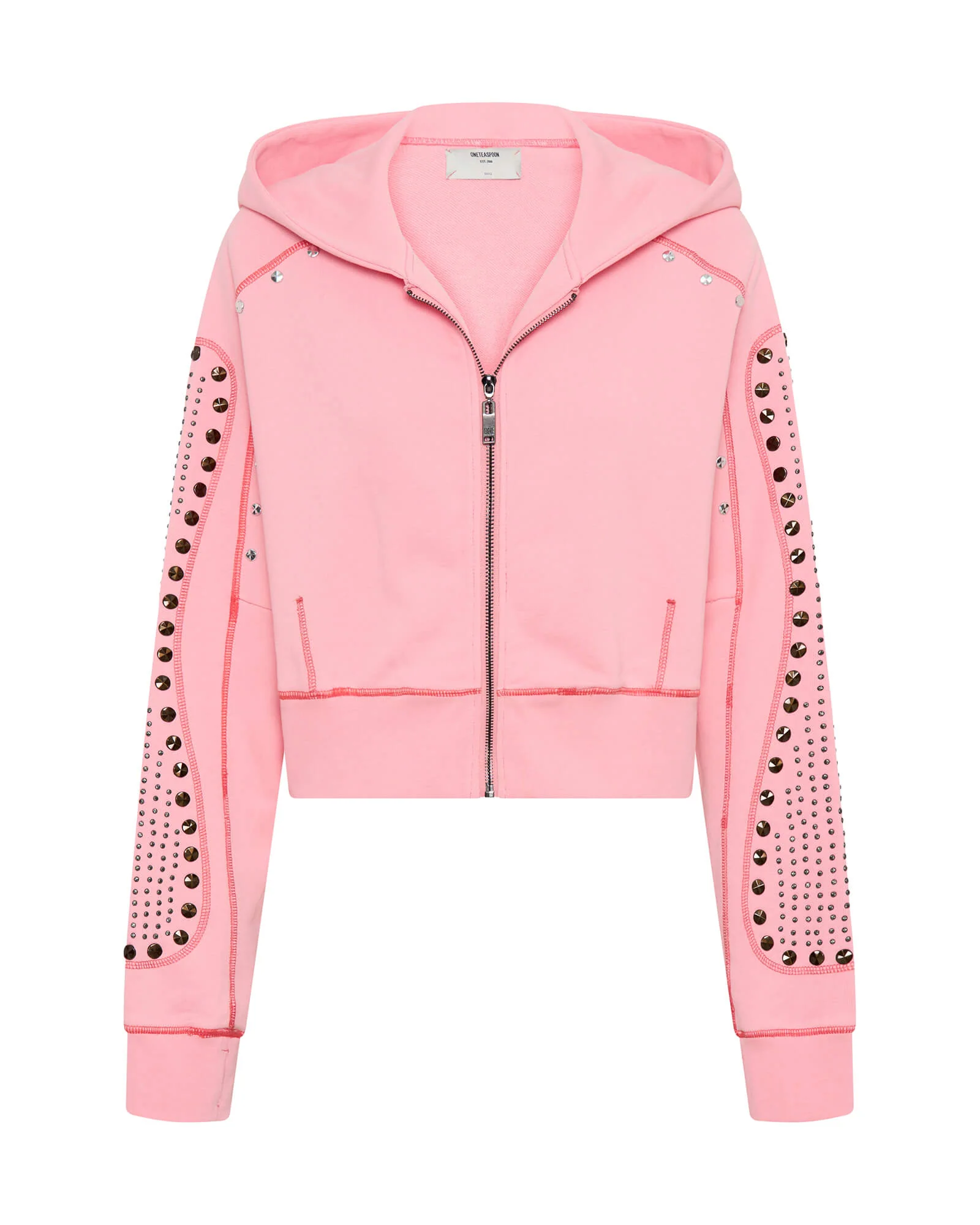 Studded Cropped Sweater Hoody - Candy Coral Pink - Image 8