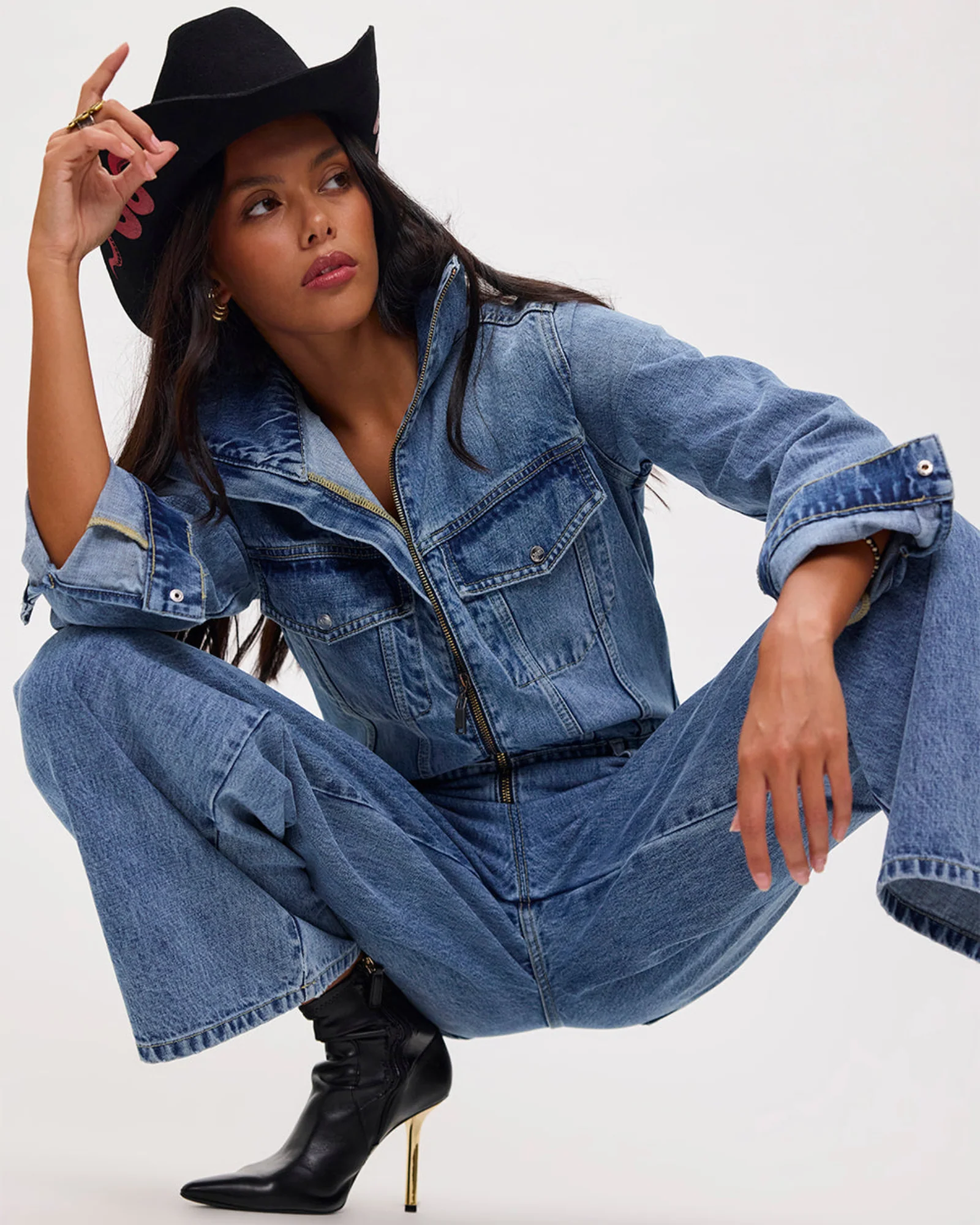 Charli Wide Leg Aviator Denim Jumpsuit - Pretty Blue - Image 10
