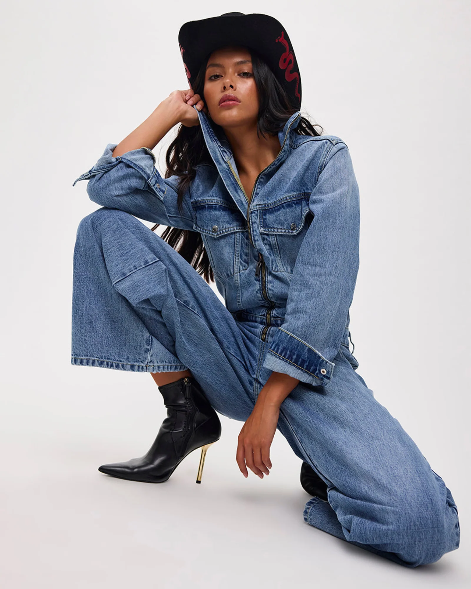 Charli Wide Leg Aviator Denim Jumpsuit - Pretty Blue - Image 11