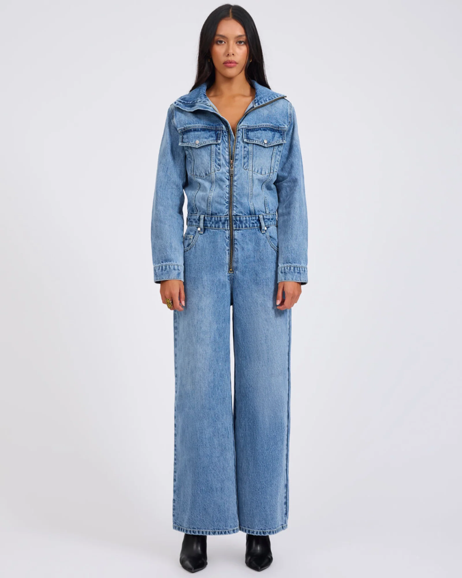 Charli Wide Leg Aviator Denim Jumpsuit - Pretty Blue - Image 2