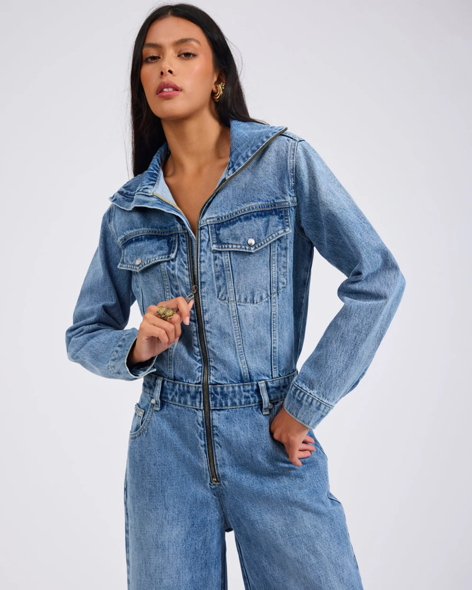 Charli Wide Leg Aviator Denim Jumpsuit - Pretty Blue - Image 4