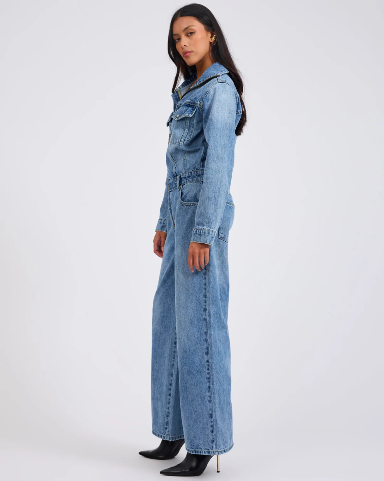 Charli Wide Leg Aviator Denim Jumpsuit - Pretty Blue - Image 5
