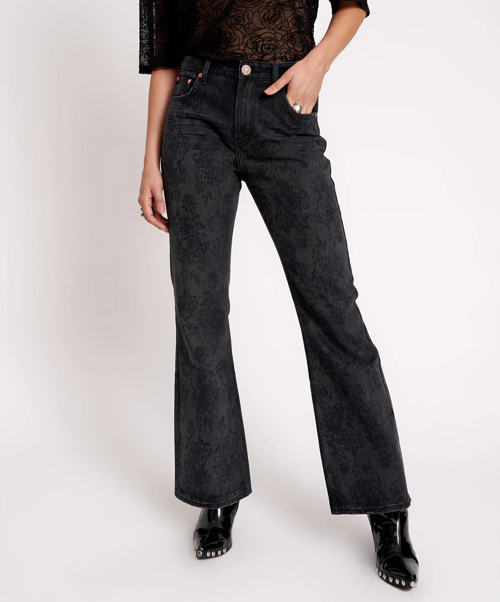Charlie High Waist Slim Flared Denim Jeans - Black Lace - Image 2