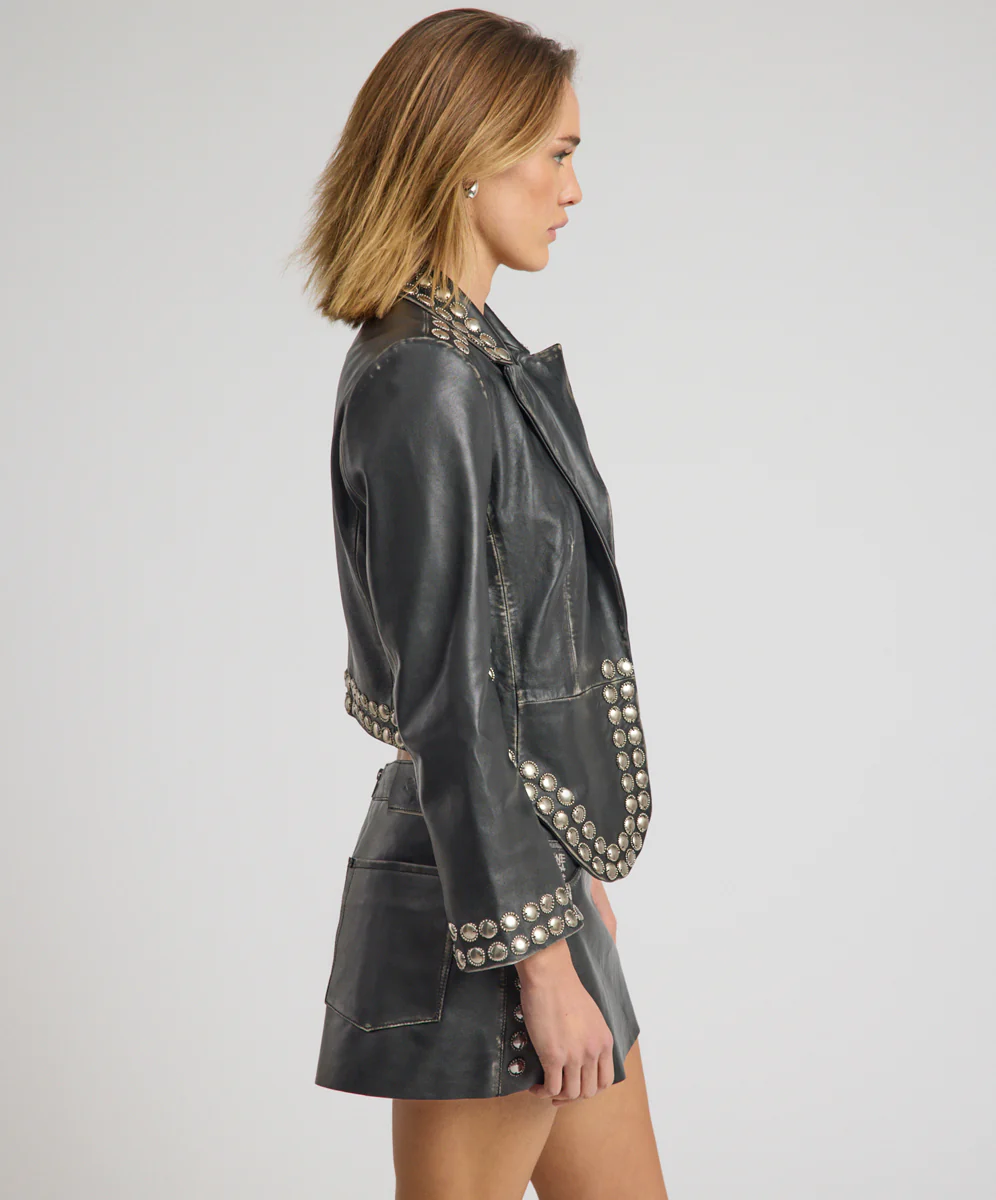 City Nights Studded Cropped Leather Blazer - Black - Image 10