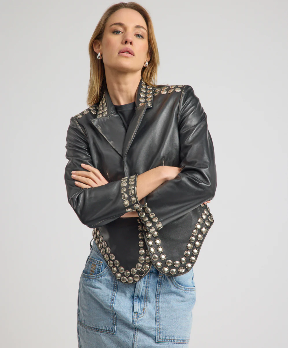 City Nights Studded Cropped Leather Blazer - Black - Image 3