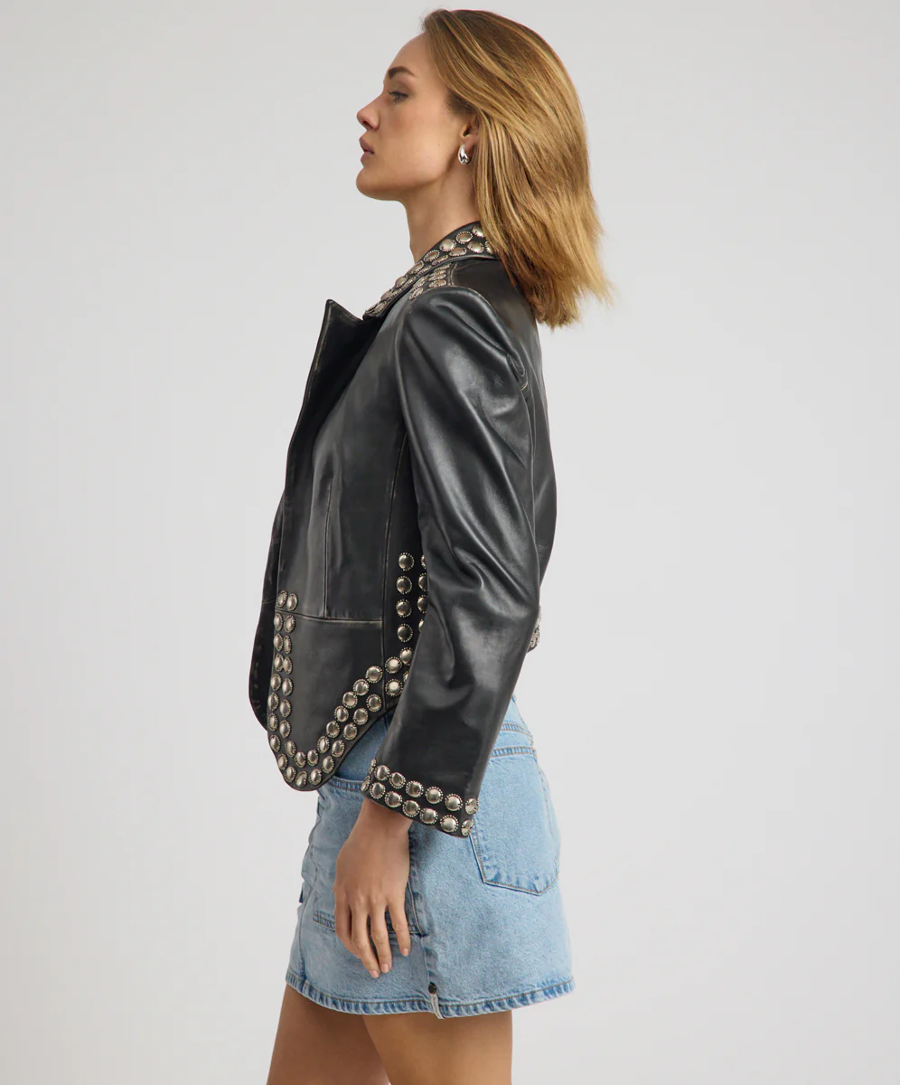City Nights Studded Cropped Leather Blazer - Black - Image 4