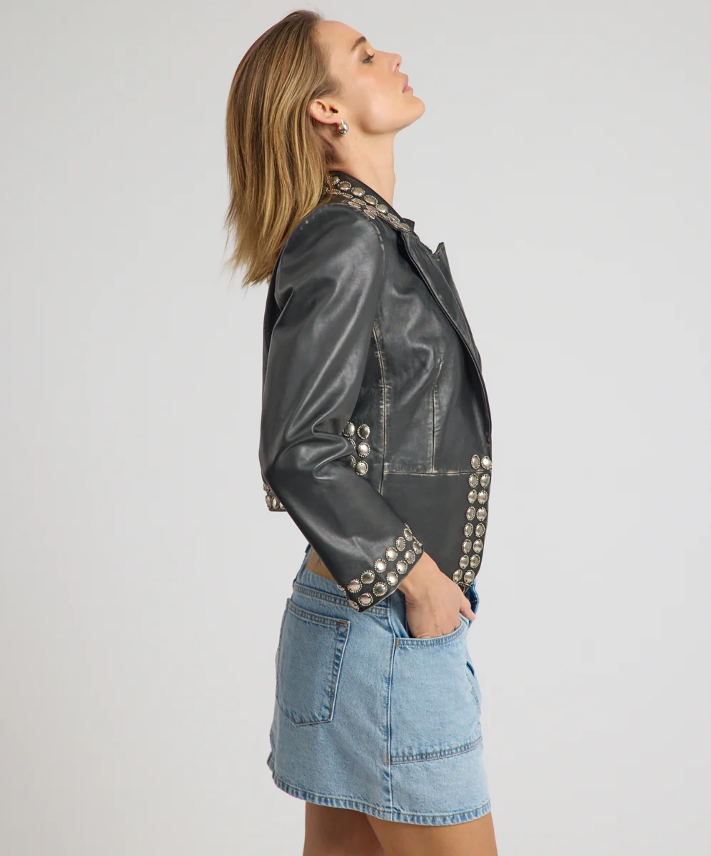City Nights Studded Cropped Leather Blazer - Black - Image 6