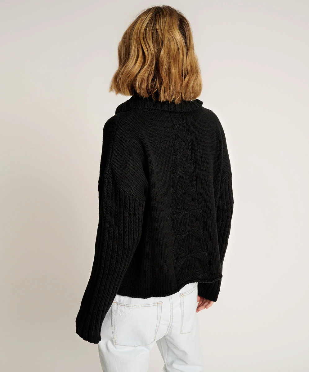 Classic Chunky Roll Neck Knit Sweater - Black - Image 3