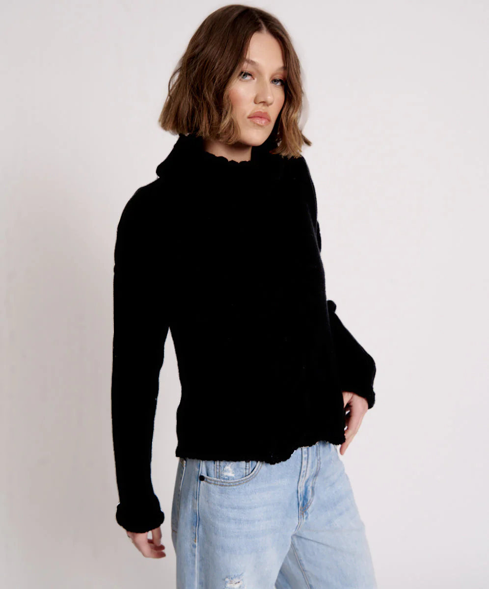 Classic Chunky Roll Neck Knit Sweater - Black - Image 5