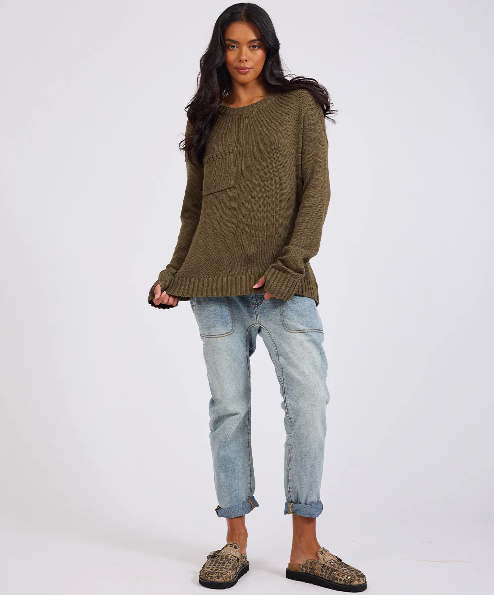 Classic Pocket Chunky Knit Sweater Khaki - Khaki - Image 3