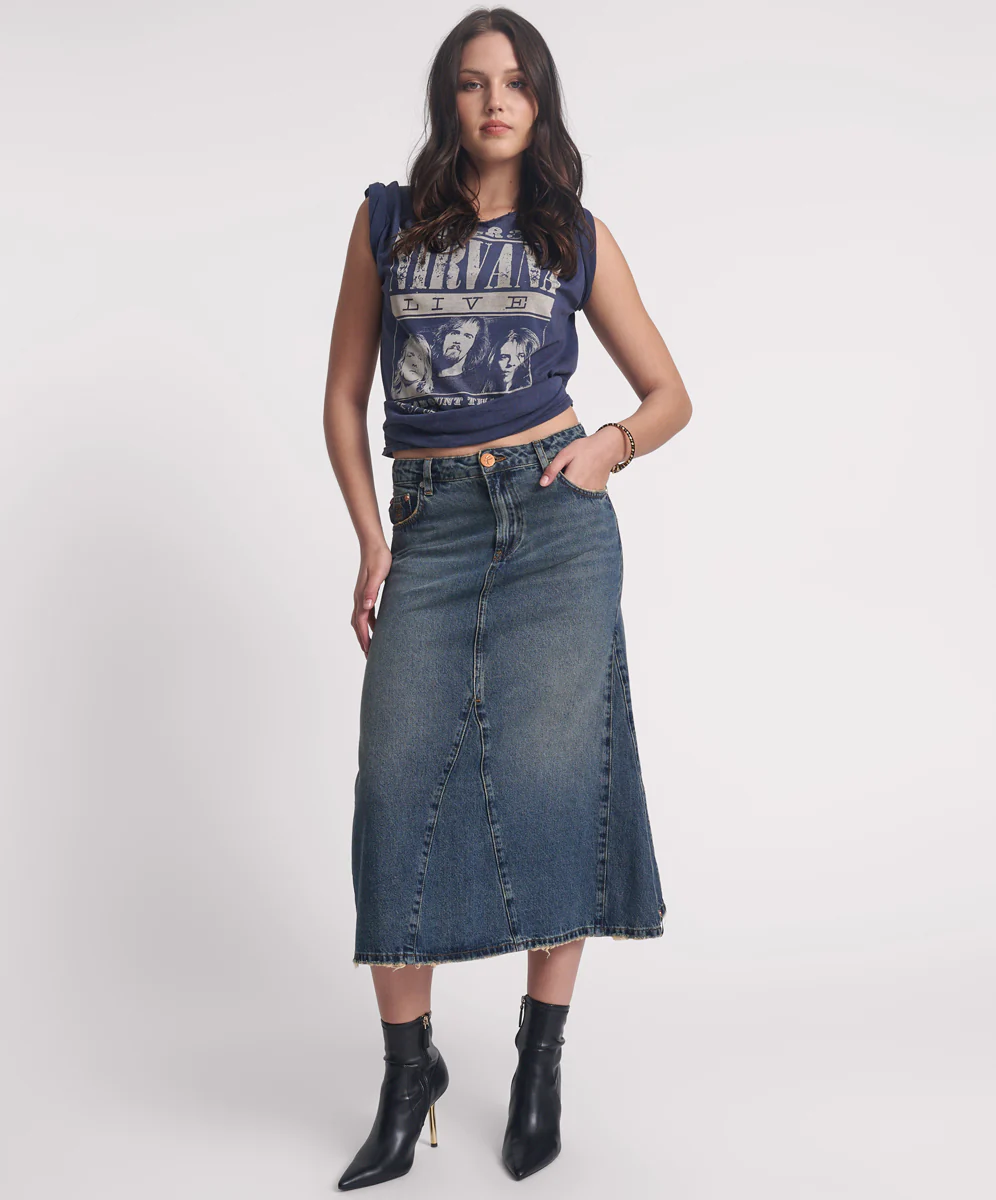 Cruiser Mid Waist Midi Denim Skirt - Colorado Blue
