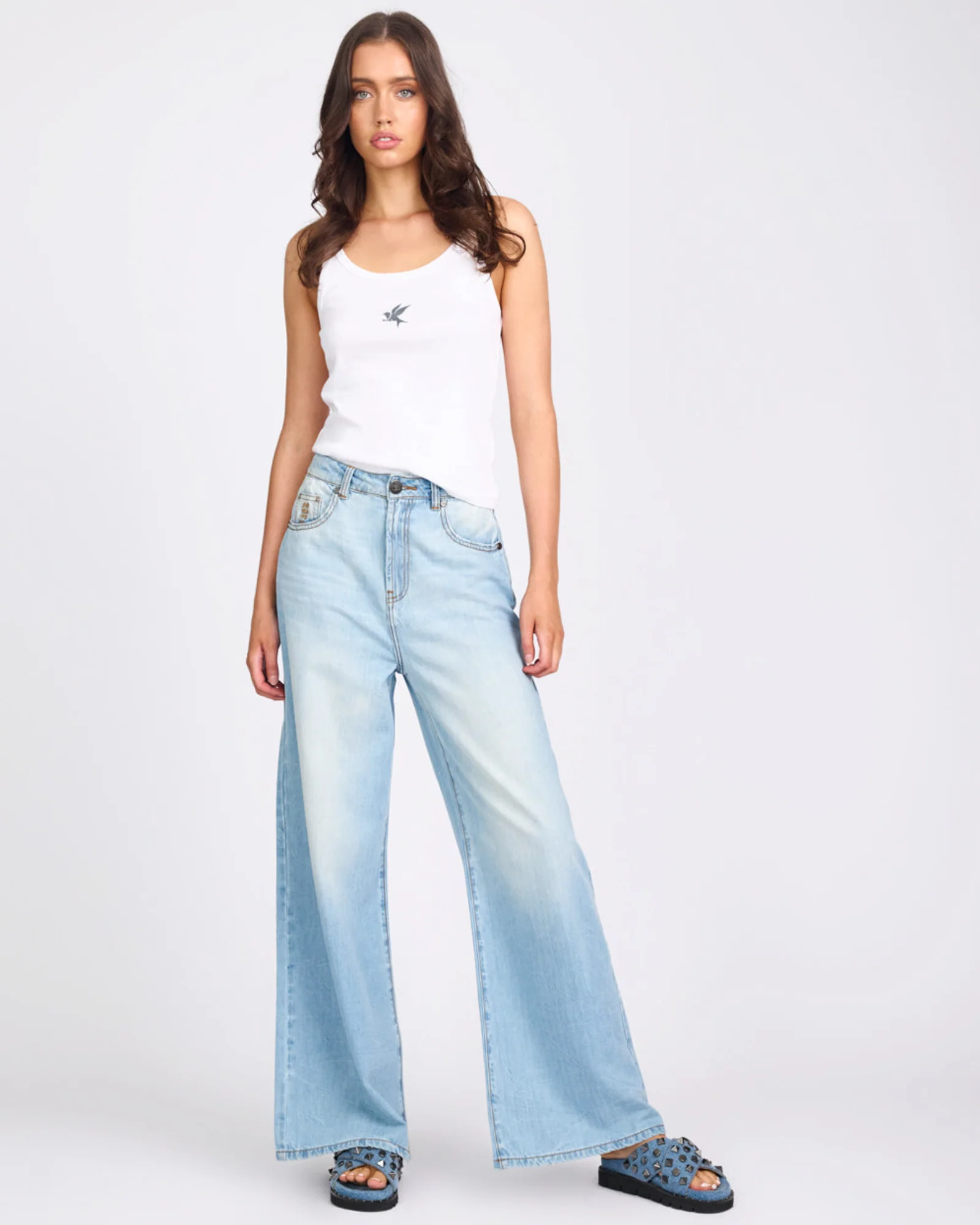 Love Machines Mid Waist Super Wide Leg Denim Jeans - Cool Blue - Image 9