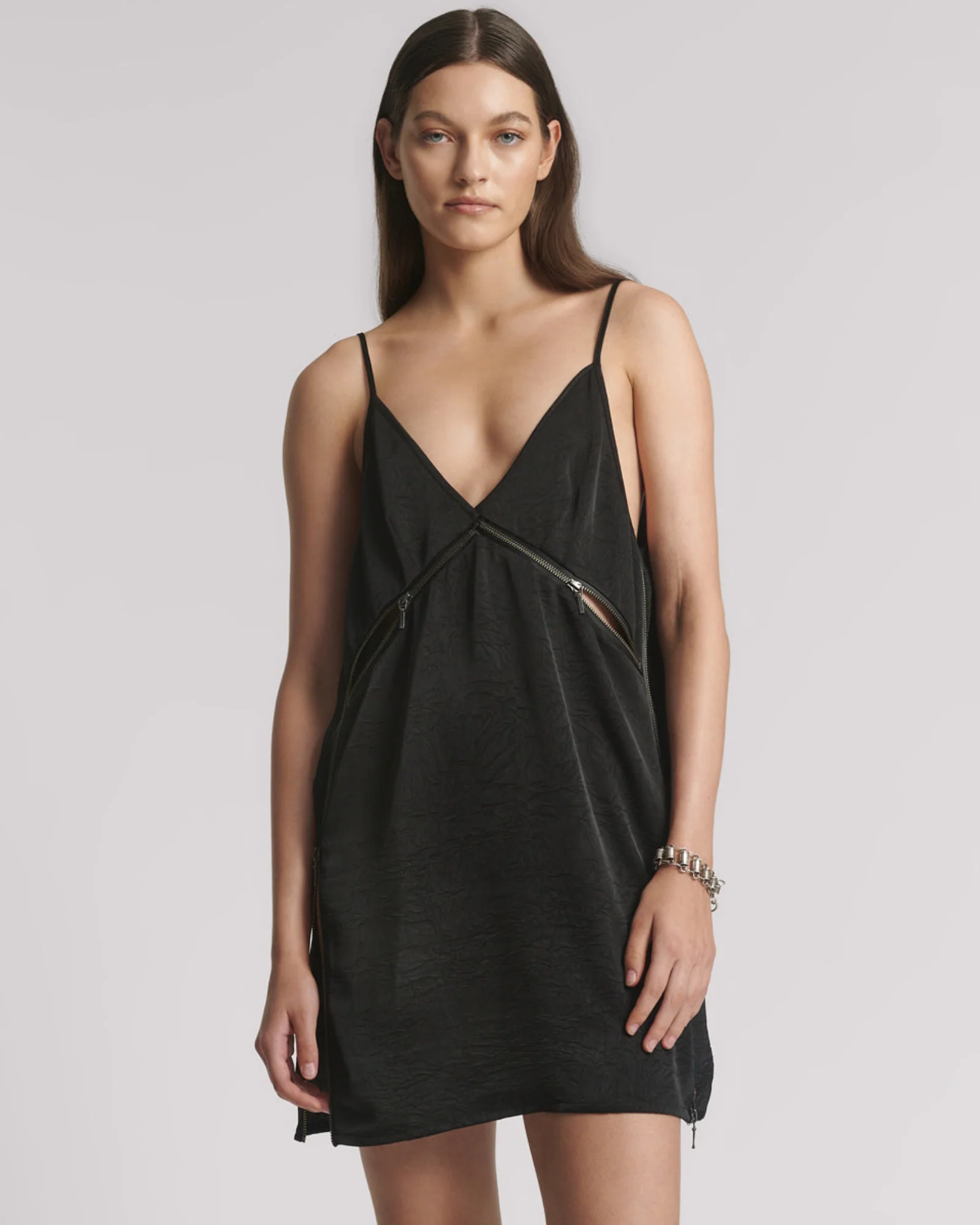 Courtney Zipped Up Satin Slip Mini Dress - Black