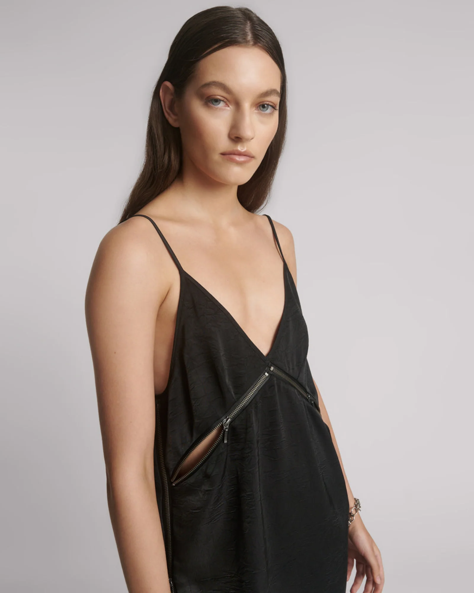 Courtney Zipped Up Satin Slip Mini Dress - Black - Image 5