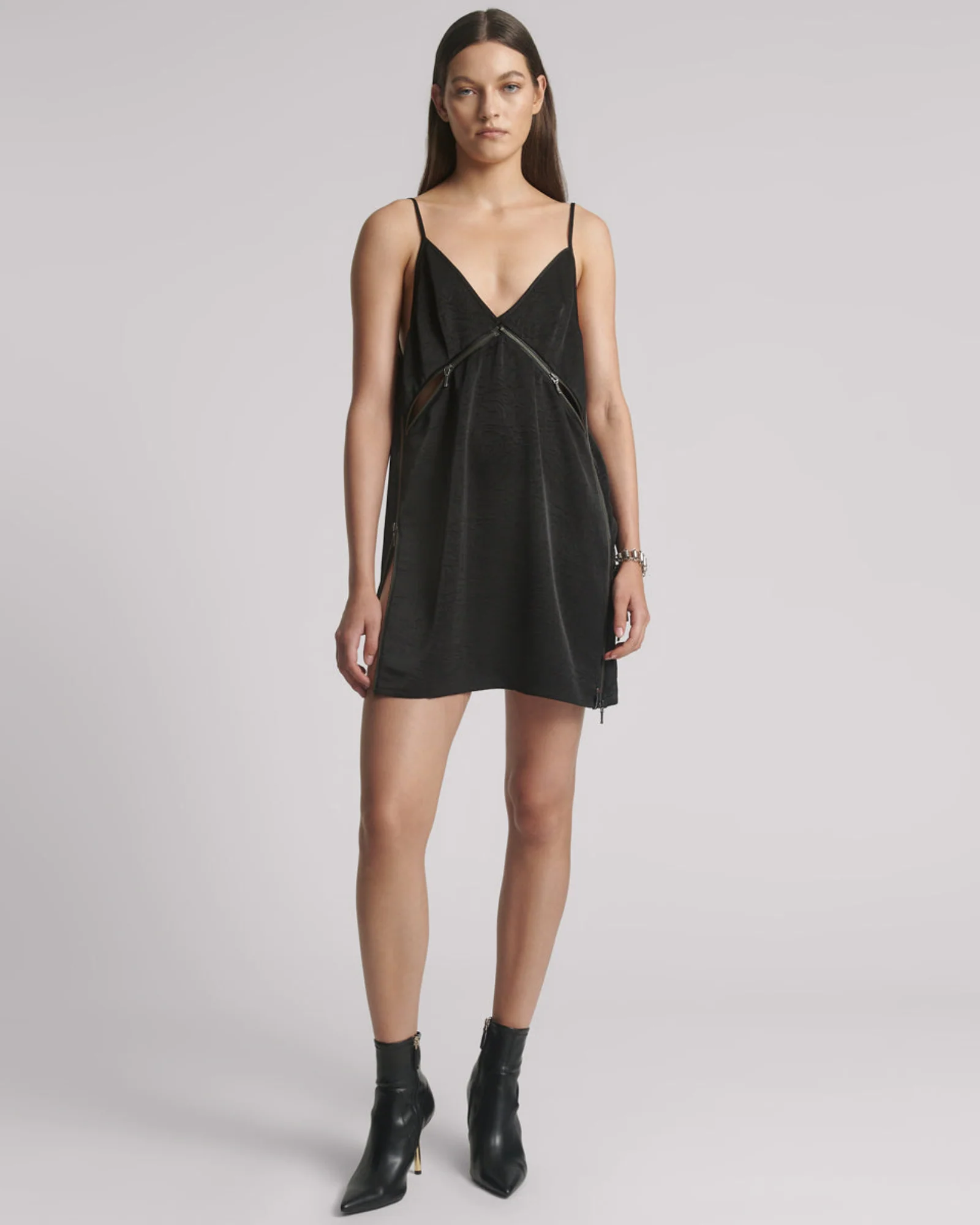 Courtney Zipped Up Satin Slip Mini Dress - Black - Image 6
