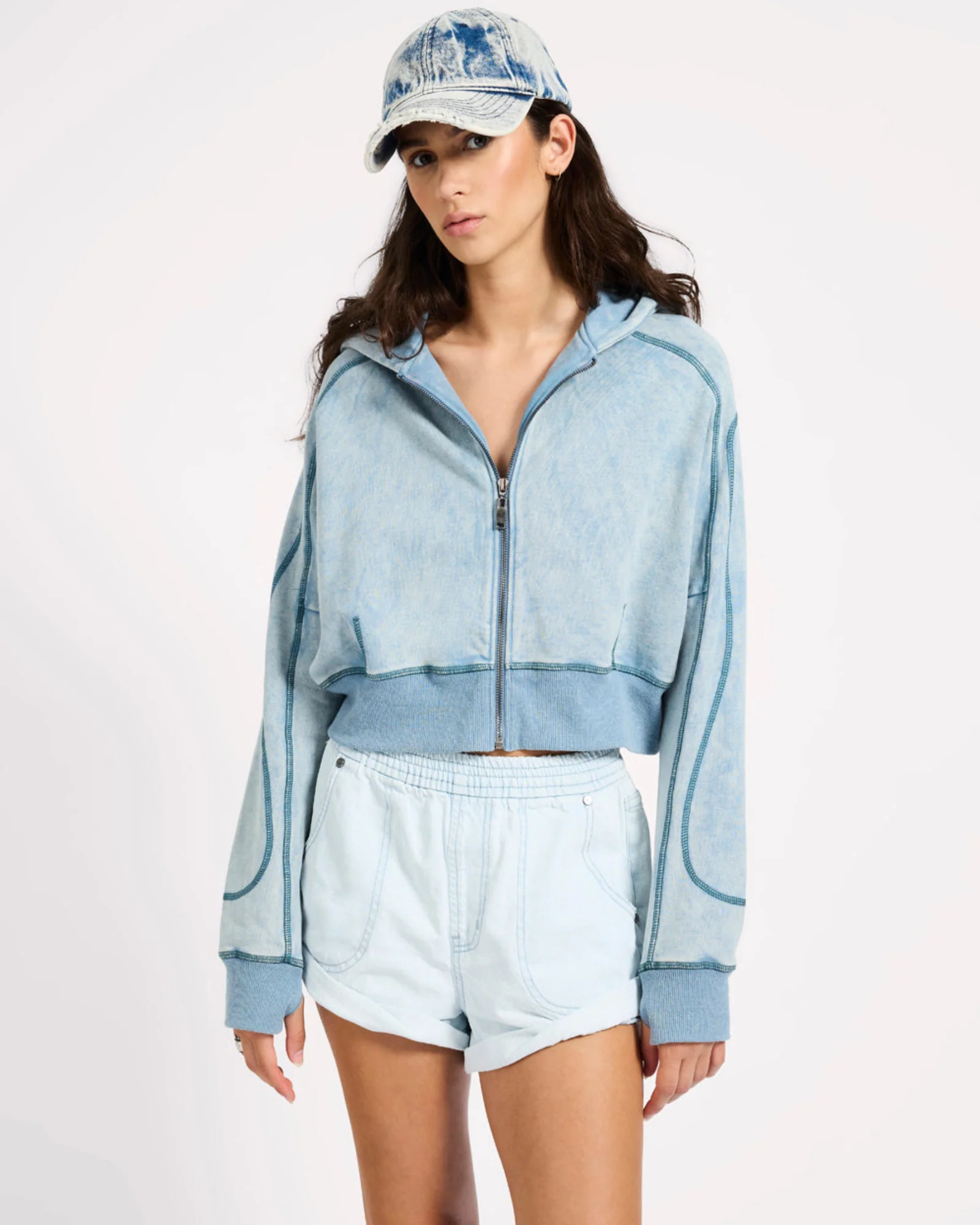 Cropped Fleece Zip Hoody - Washed Blue