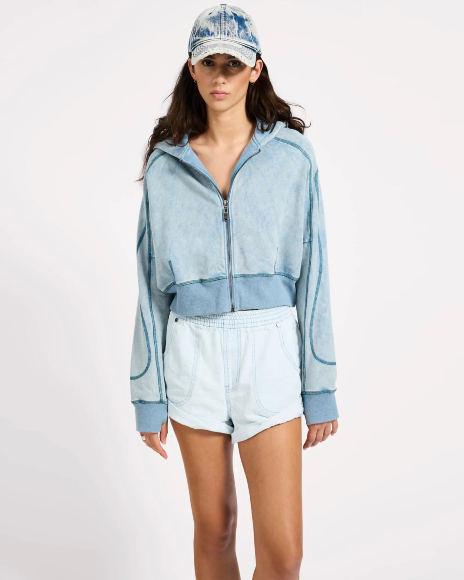 Cropped Fleece Zip Hoody - Washed Blue - Image 4