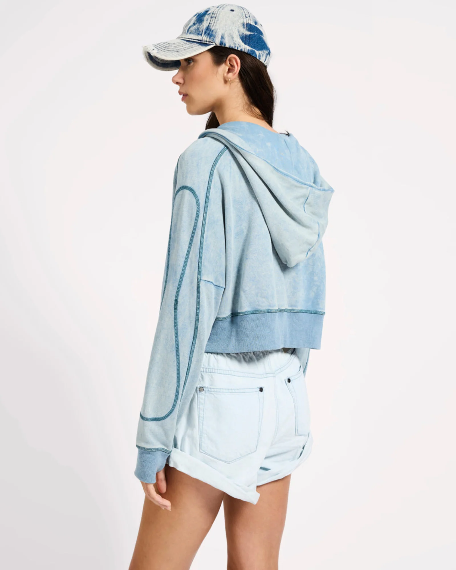 Cropped Fleece Zip Hoody - Washed Blue - Image 6