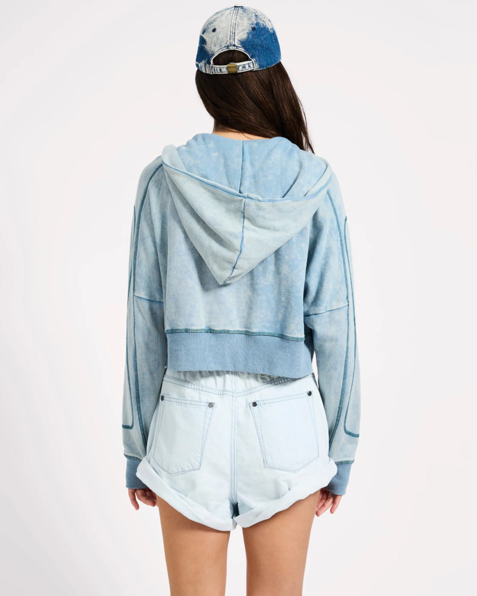 Cropped Fleece Zip Hoody - Washed Blue - Image 7
