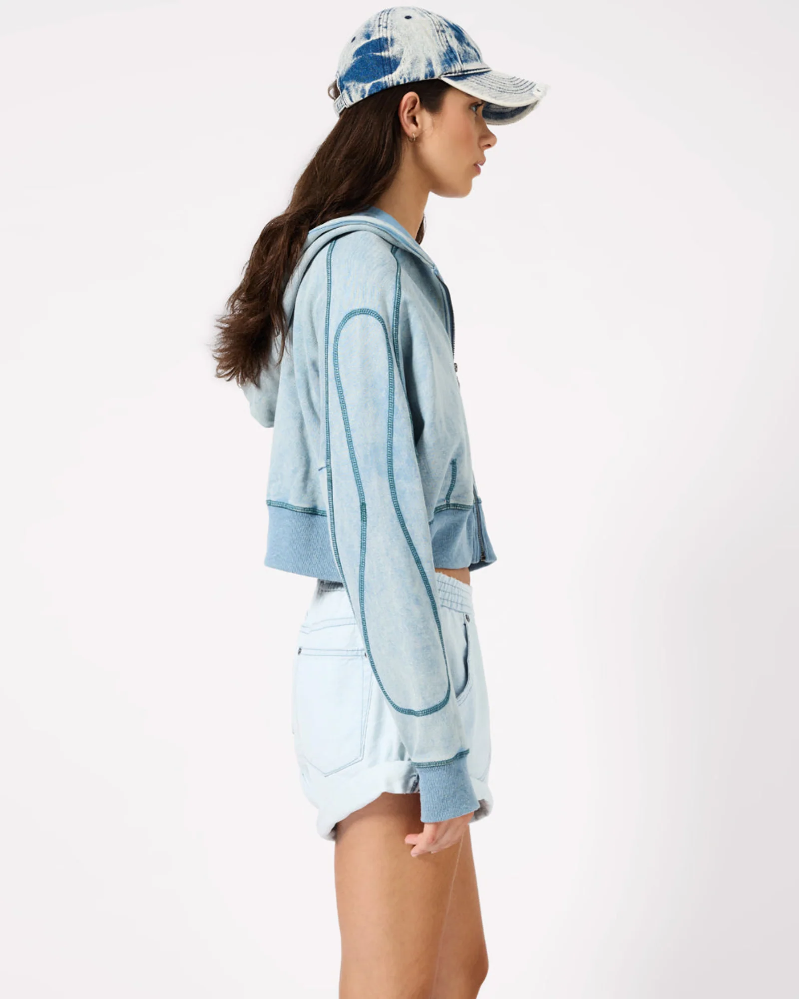 Cropped Fleece Zip Hoody - Washed Blue - Image 8