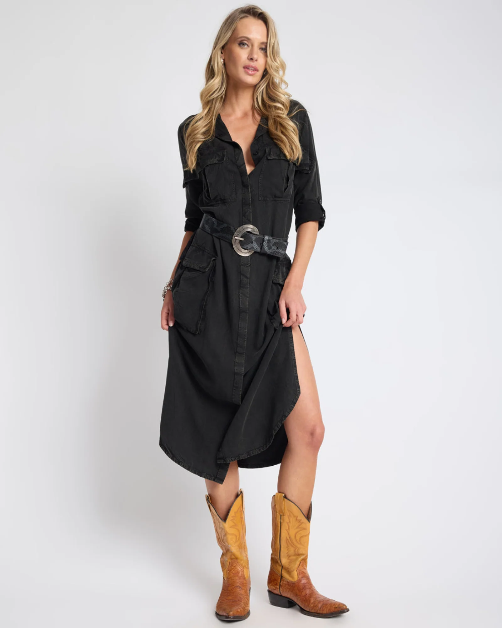 Crushed Midi Shirt Dress - Black
