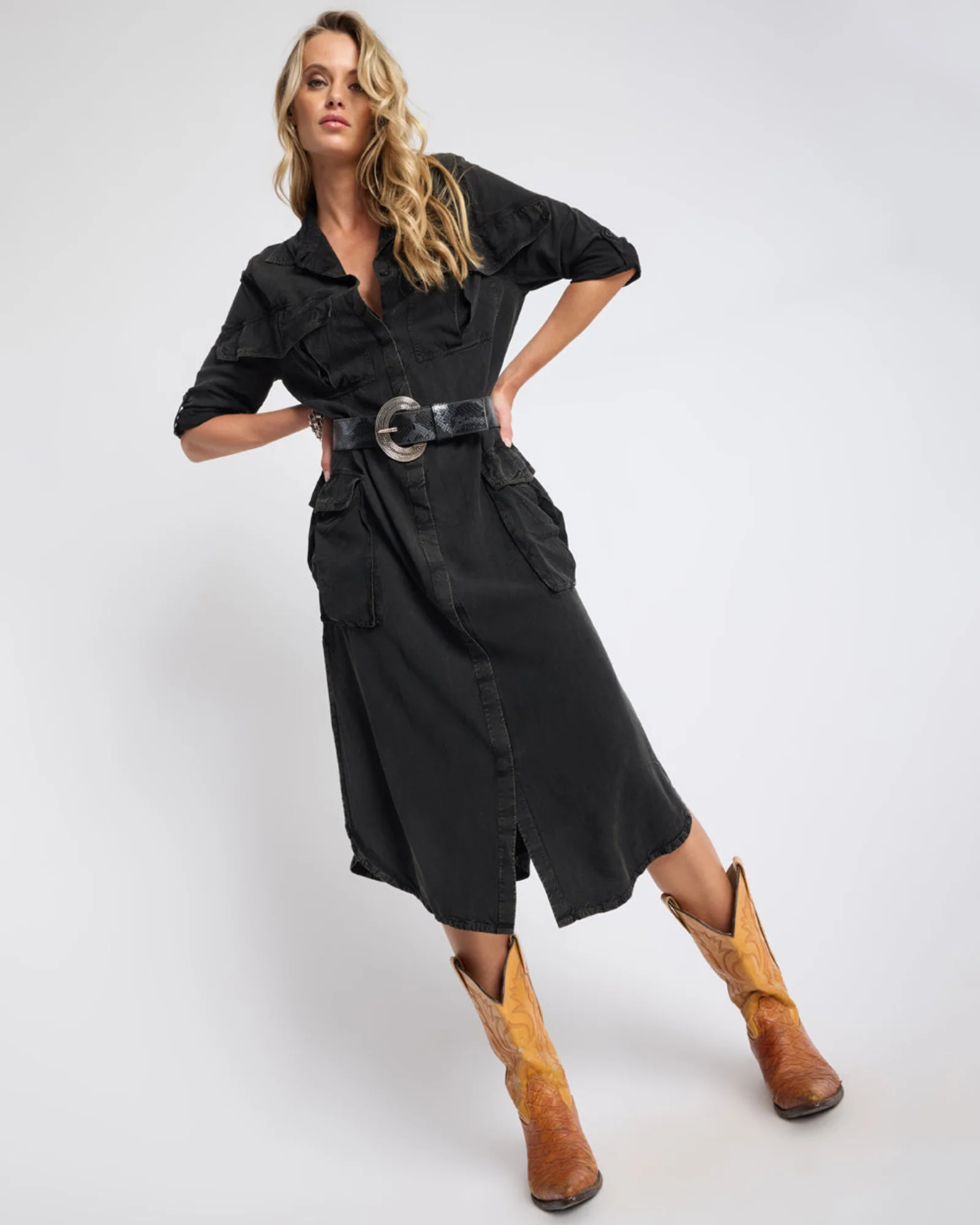 Crushed Midi Shirt Dress - Black - Image 6