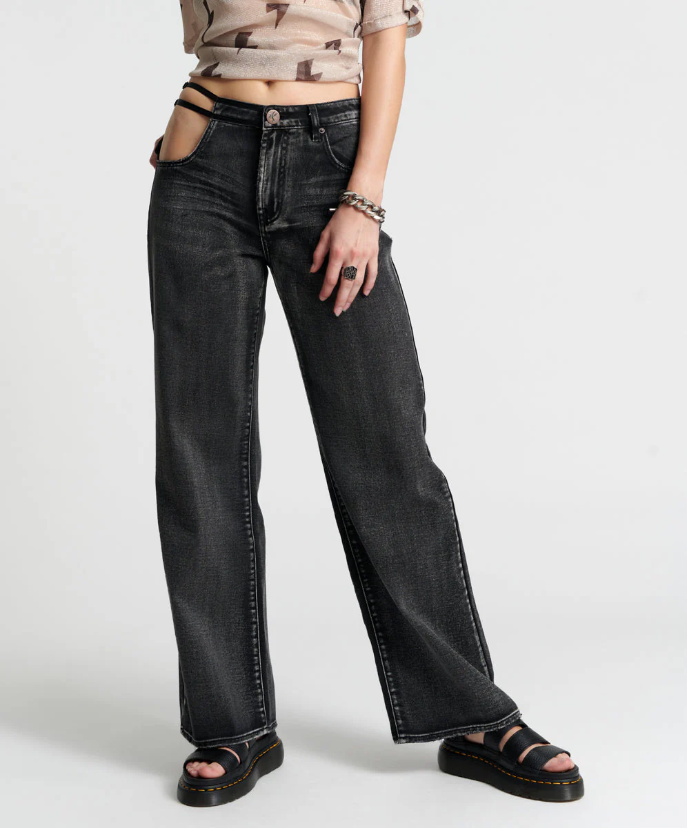 Jackson Mid Waist Wide Leg Denim Jeans - Faded Black - Image 2