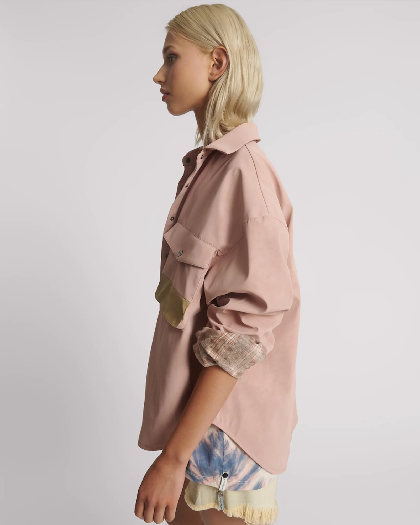 Daria Checked Faux Leather Shacket - Pale Pink - Image 2