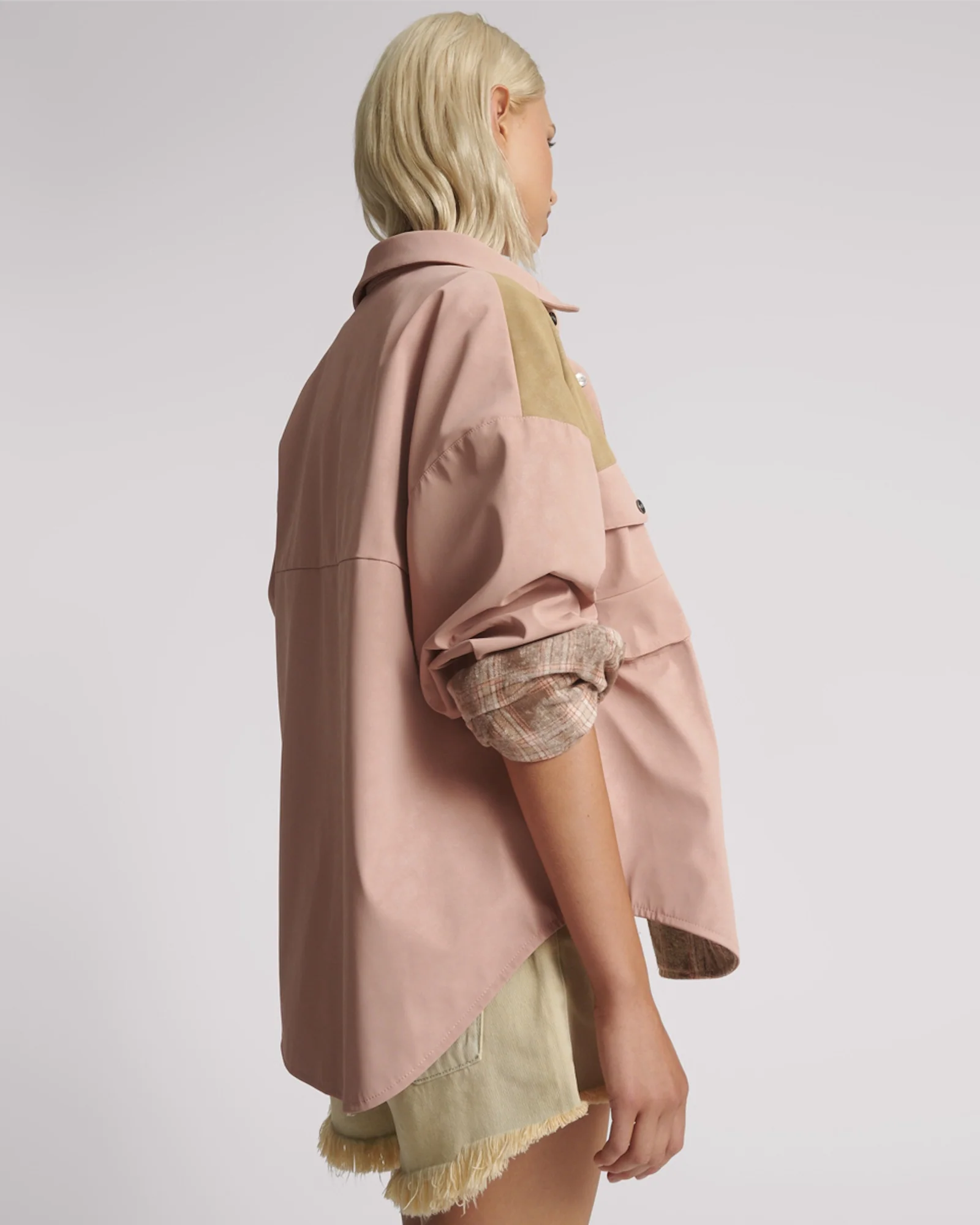 Daria Checked Faux Leather Shacket - Pale Pink - Image 4