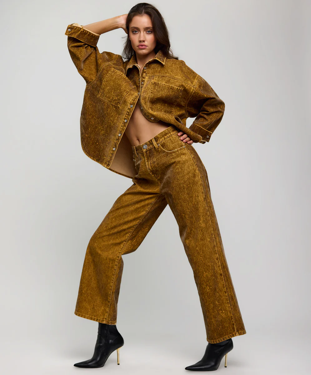 Daria Flocked Denim Shacket - Burnt Tobacco - Image 10