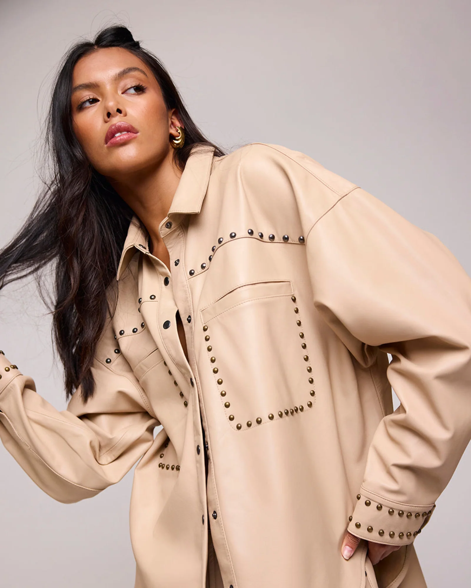 Daria Studded Leather Shacket - Tan - Image 11